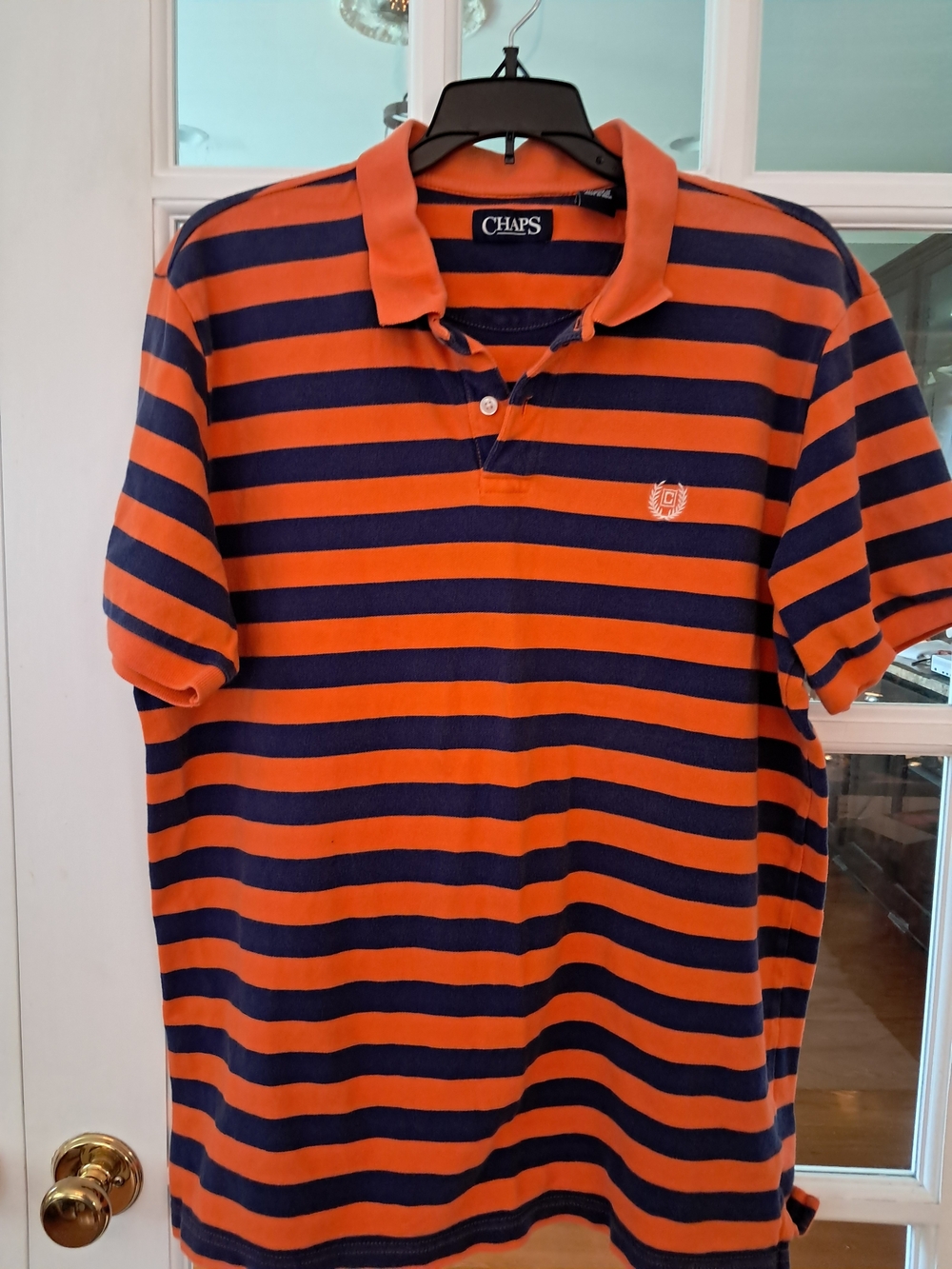 Chaps Men's Orange and Navy Striped Polo Shirt